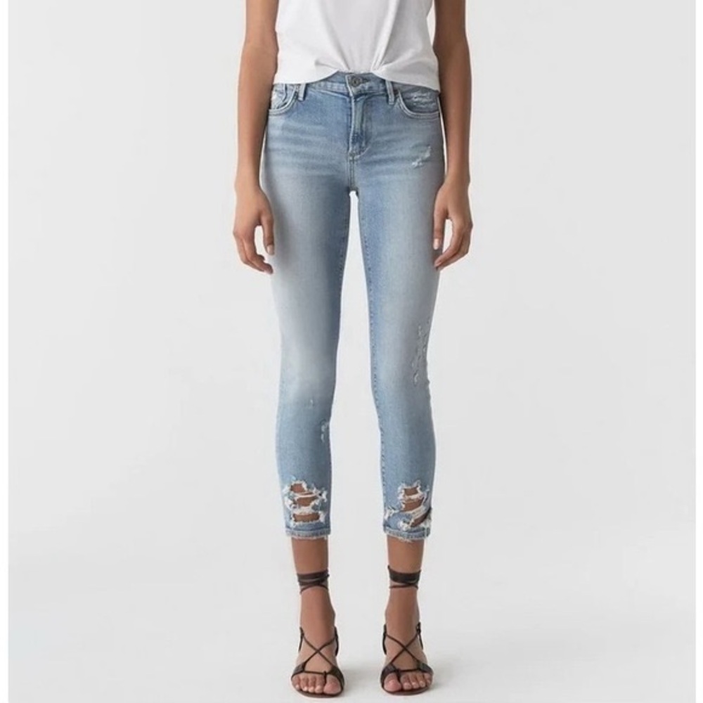 EUC AGOLDE Sophie High Rise Skinny Crop Distressed Jeans Light Blue Wash Size 28